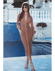 PRE-ORDER-L'AGENCE Adriana Ruched Midi Dress in Hazelnut