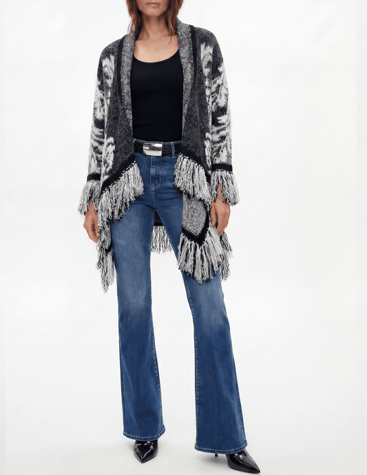 L'AGENCE Naiad Jacquard Fringe Cardigan in Black & Ivory