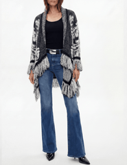 L'AGENCE Naiad Jacquard Fringe Cardigan in Black & Ivory