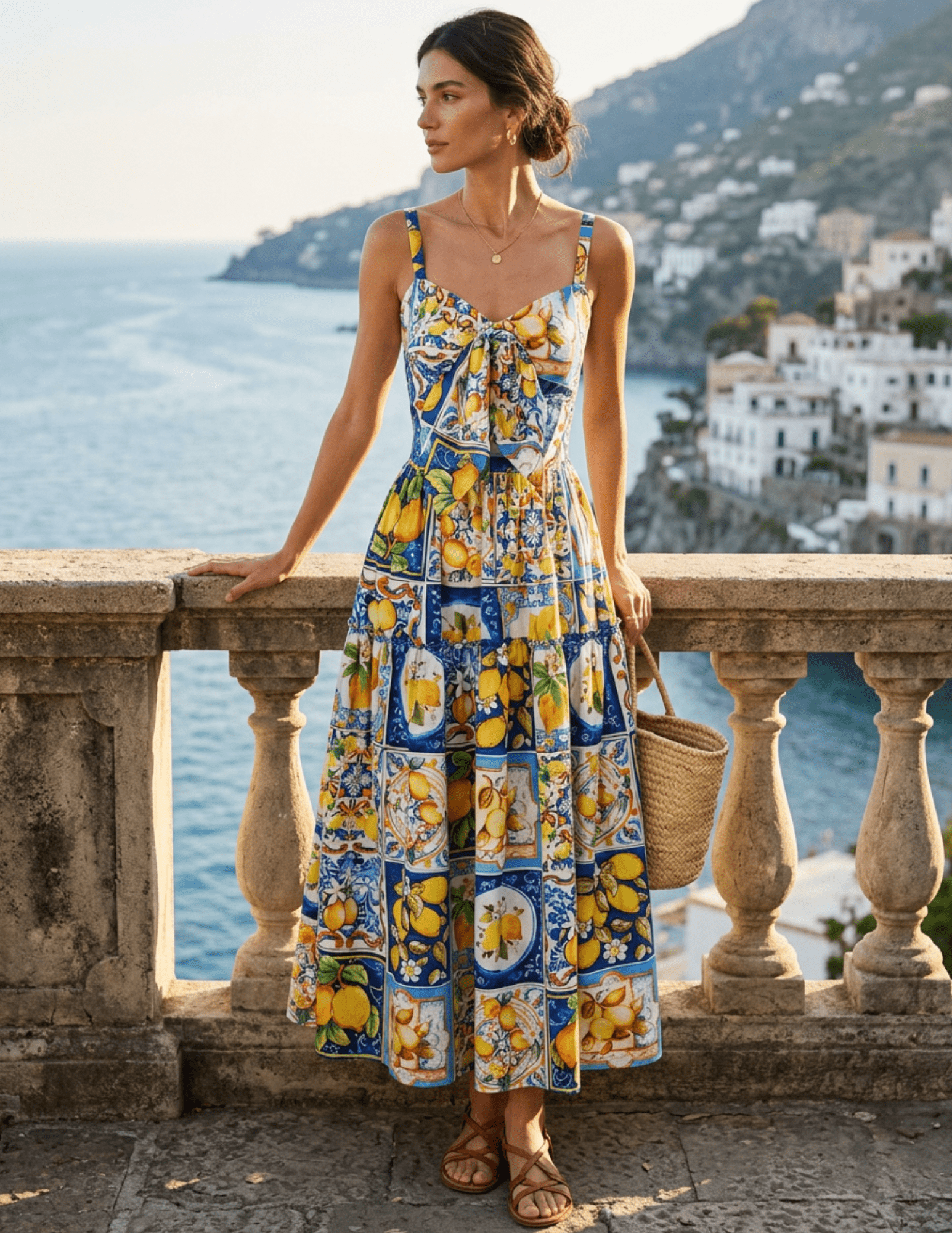 PRE-ORDER-St. Barths Darla Tie Front Midi Dress In Blue Amalfi Lemon