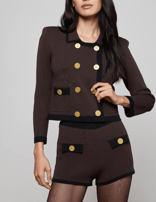 L'AGENCE Janu Contrast Trim Knit Jacket in Dark Brown-SALE