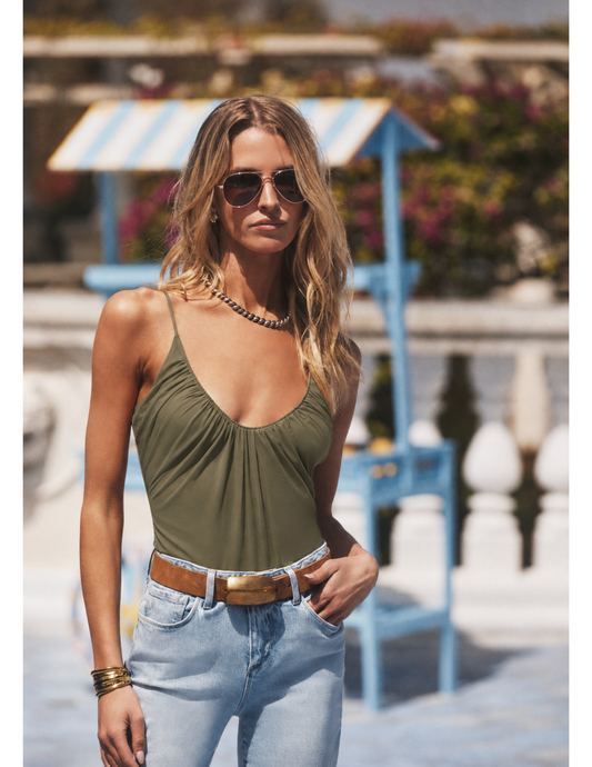 PRE-ORDER-L'AGENCE Gelina Ruched Scoop-Neck Bodysuit in Smokey Olive