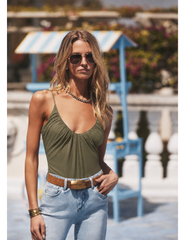 PRE-ORDER-L'AGENCE Gelina Ruched Scoop-Neck Bodysuit in Smokey Olive