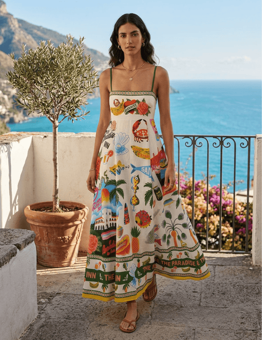 St. Barths La Robe Mina Printed Midi Dress in Tropical Paradise Multi-SALE