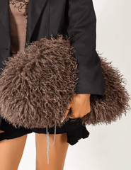 PRE-ORDER-Fleur de Camélia Sydney Oversized Fuzzy Pouch Clutch in Brown