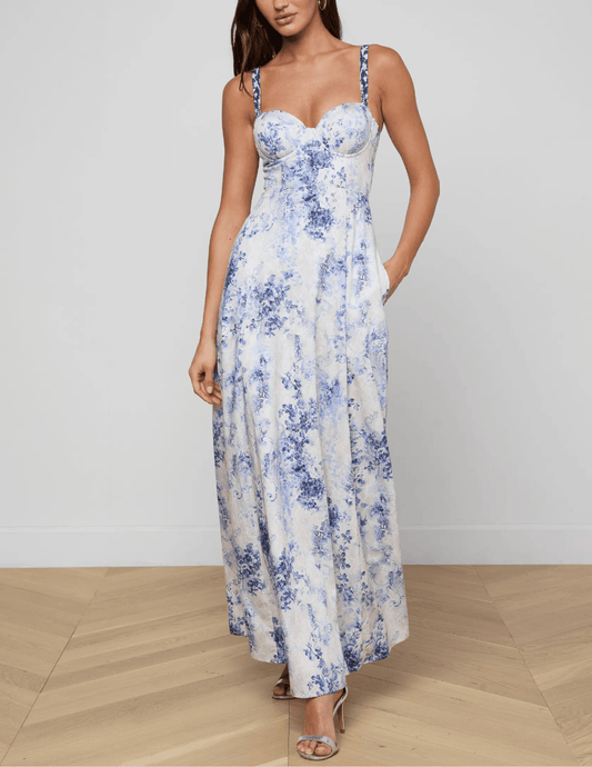 L'Agence - PRE-ORDER-L'AGENCE Sutton Beaded Strap Maxi Dress in Ivory Blue Paisley - Buy Online