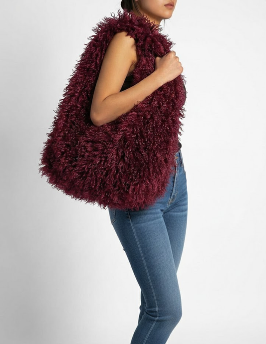 Fleur de Camélia Frankie Faux Mongolian Hobo Bag in Dark Port