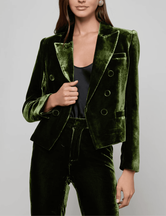 L'AGENCE Brooke Velvet Double Breasted Cropped Blazer in Deep Olive-SALE