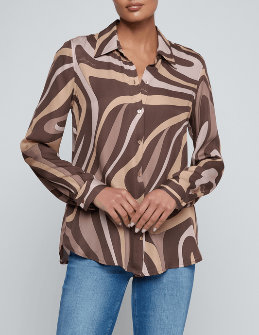 L'AGENCE Nina Long Sleeve Blouse in Sepia Brown Multi Abstract Swirl