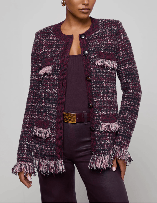 L'AGENCE Kastoria Fringe Cardigan in Black Dark Malbec Midnight