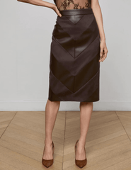 L'AGENCE Erma Patchwork Chevron Midi Skirt in Dark Brown