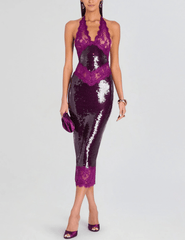 Retrofête - PRE-ORDER-Retrofête Vicky Sequin Lace Halter Dress in Violette - Buy Online