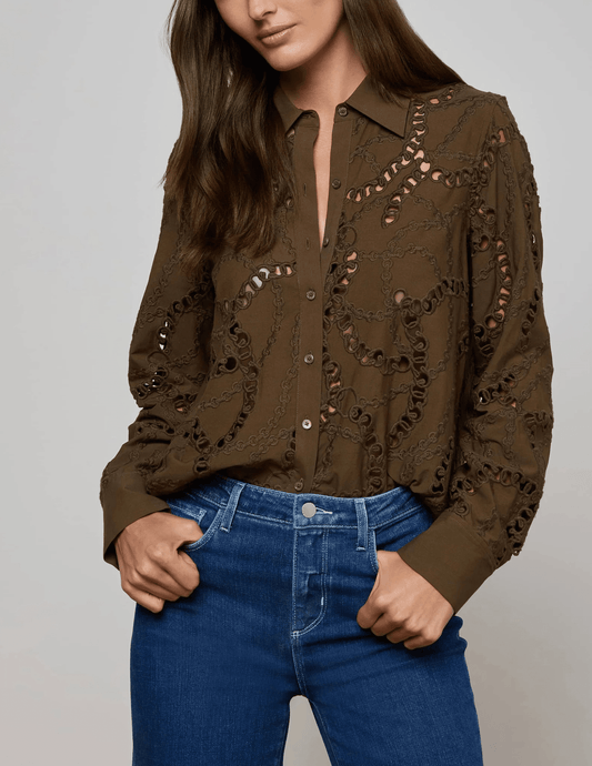 L'AGENCE Ellery Eyelet Long Sleeve Blouse in Pine-SALE