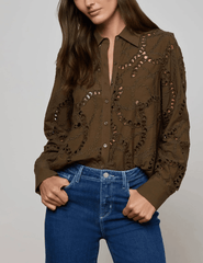 L'AGENCE Ellery Eyelet Long Sleeve Blouse in Pine-SALE