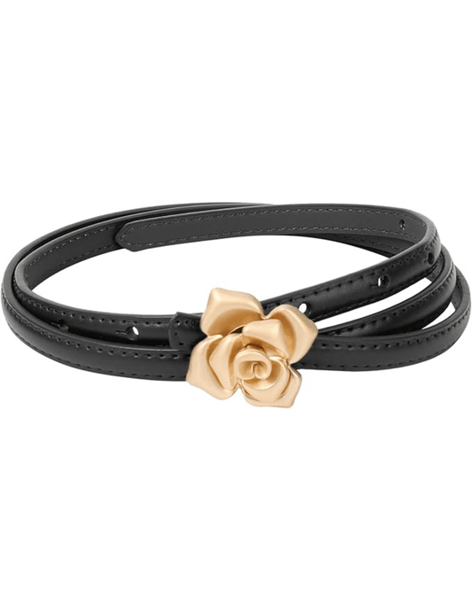 Fleur de Camélia Rosie Leather Buckle Belt in Black