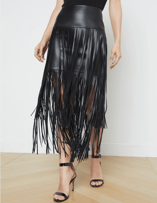 L'Agence Karolina Vegan Leather Fringe Midi Skirt
