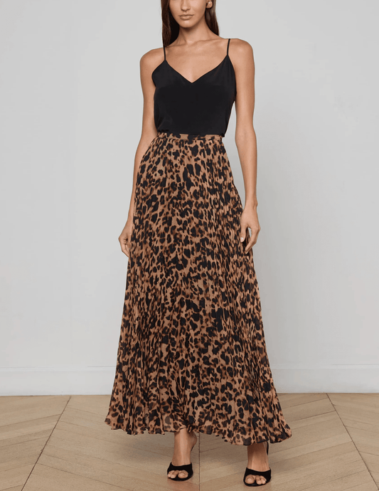 L'Agence - PRE-ORDER-L'AGENCE Torin Pleated Maxi Skirt in Brown Multi Amur Leopard - Buy Online