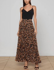PRE-ORDER-L'AGENCE Torin Pleated Maxi Skirt in Brown Multi Amur Leopard