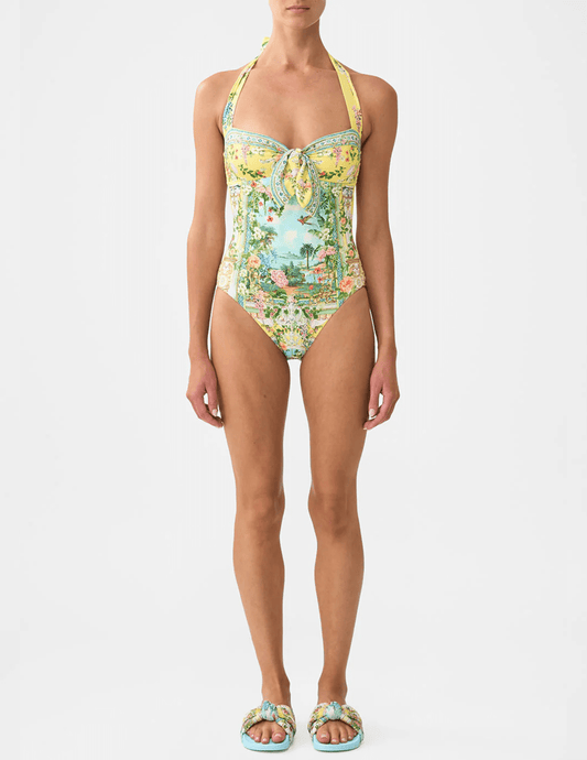 PRE-ORDER-Camilla Tie Front Halter One Piece With Gathered Sides