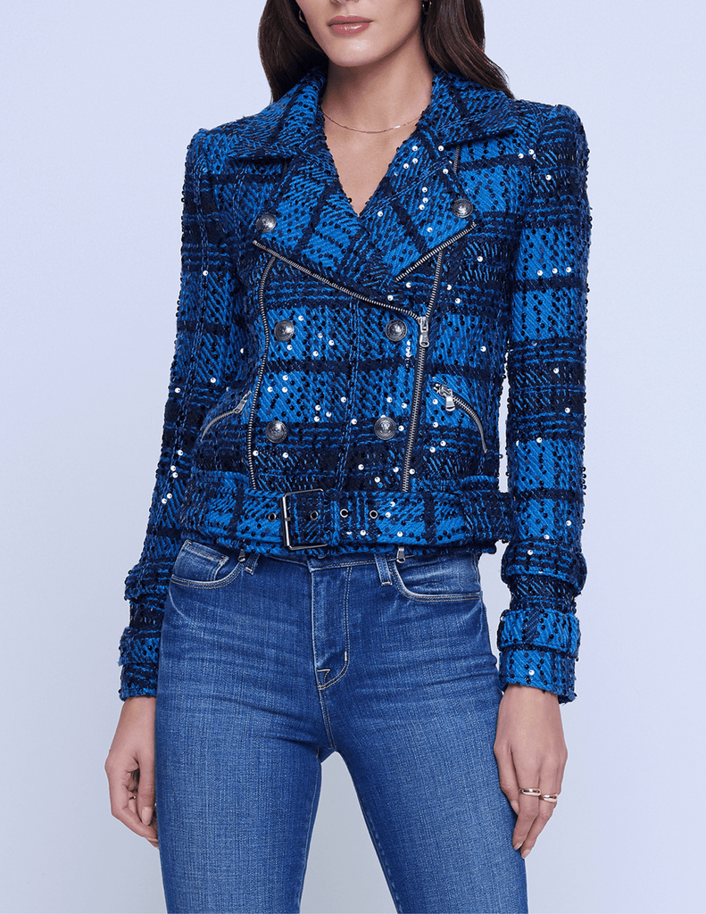 L'agence Billie Belted Sequin Jacket in Cobalt Multi Tweed, Large | by Steven Dann