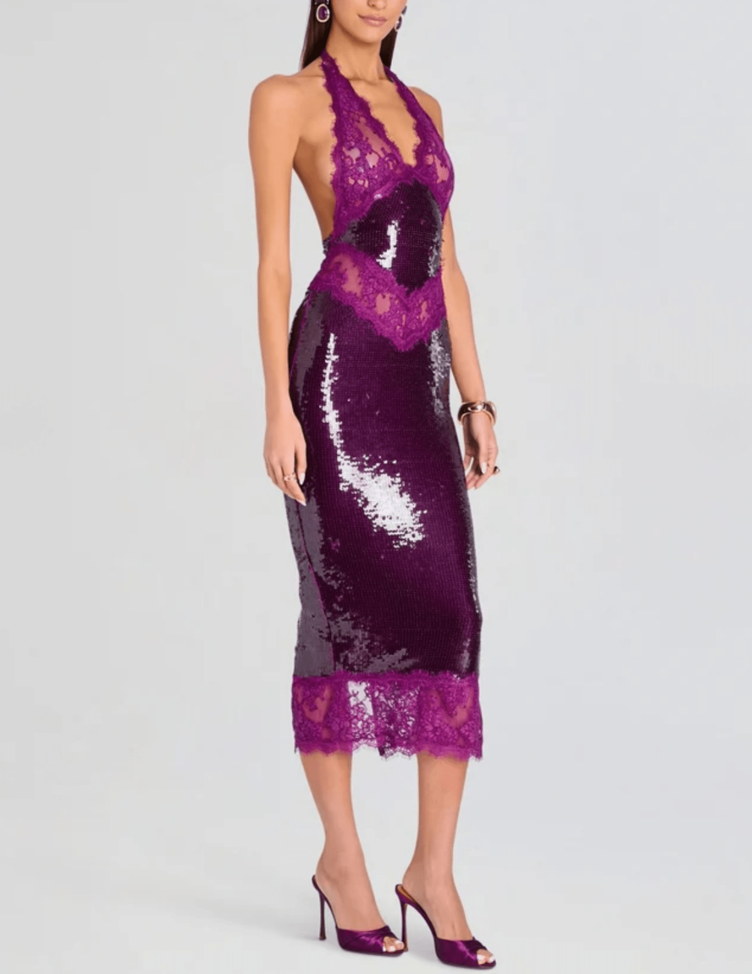 Retrofête - PRE-ORDER-Retrofête Vicky Sequin Lace Halter Dress in Violette - Buy Online
