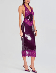Retrofête - PRE-ORDER-Retrofête Vicky Sequin Lace Halter Dress in Violette - Buy Online