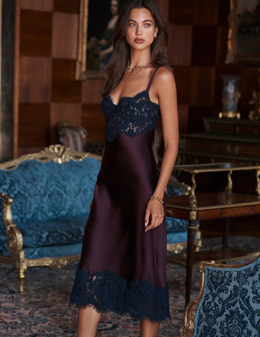 L'AGENCE Araminta Lace Silk Midi Dress in Deep Sangria & Midnight