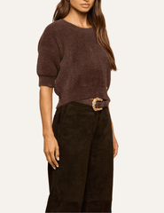 L'AGENCE Guinevere Short Sleeve Crop Sweater in Dark Java