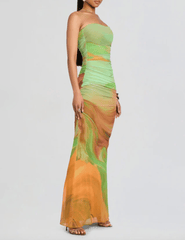 PRE-ORDER-Retrofête Isadore Mesh Strapless Maxi Dress in Pera Brushstroke