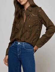 L'AGENCE Ellery Eyelet Long Sleeve Blouse in Pine-SALE