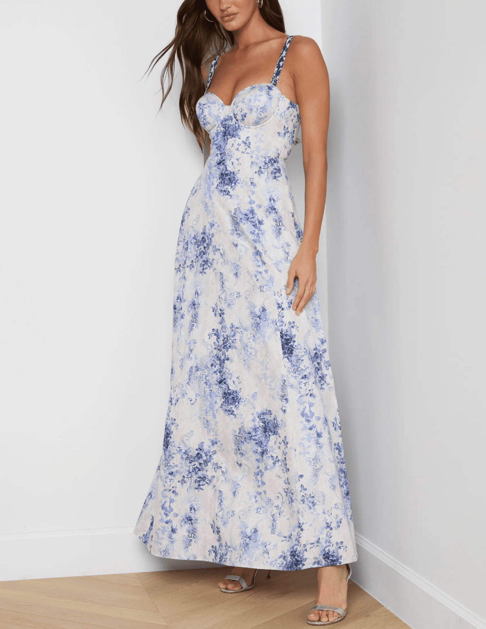 L'Agence - PRE-ORDER-L'AGENCE Sutton Beaded Strap Maxi Dress in Ivory Blue Paisley - Buy Online