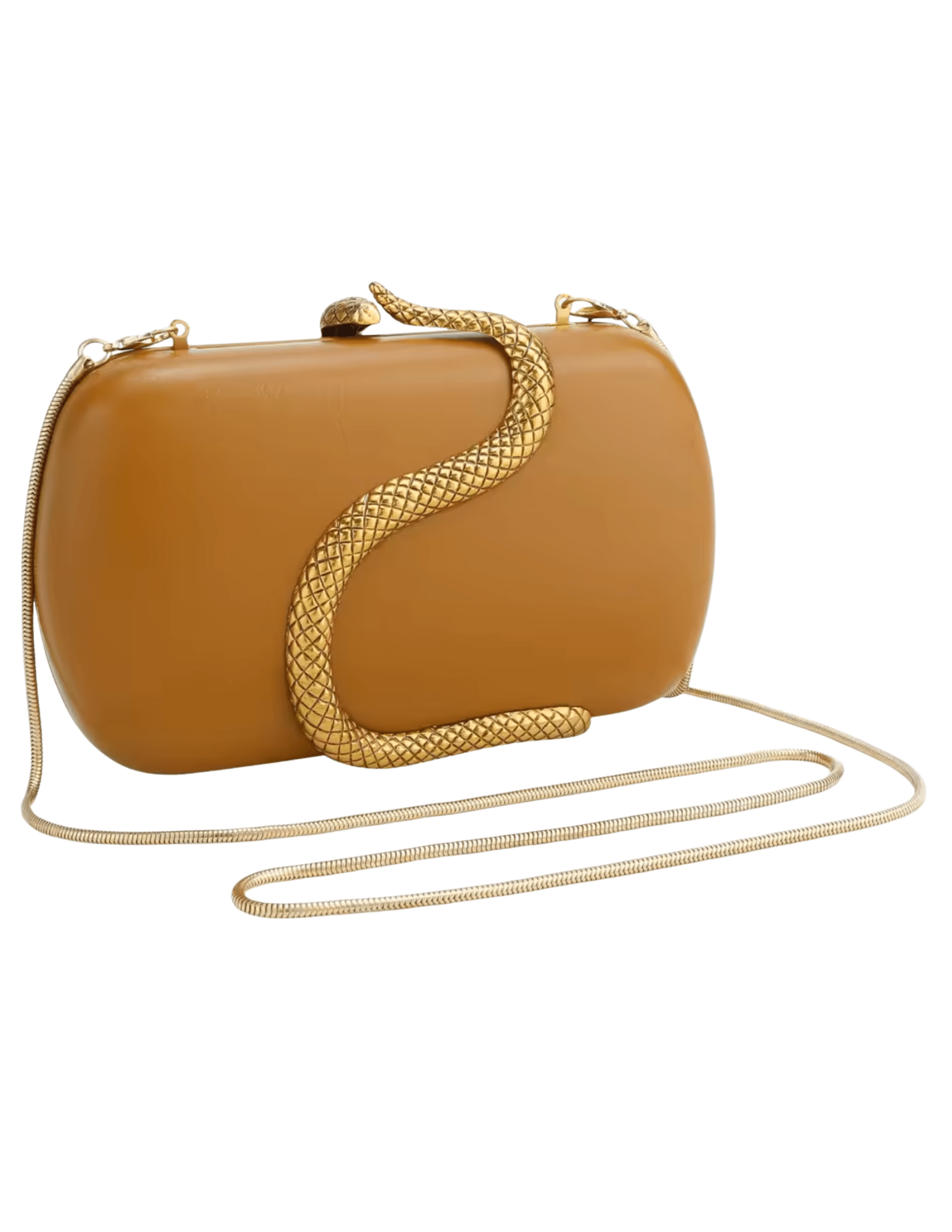 "Austin Blaze Fiona saddle hard case clutch with sculptural gold snake accent"