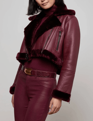 L'AGENCE Pike Cropped Moto Shearling Jacket in Wine