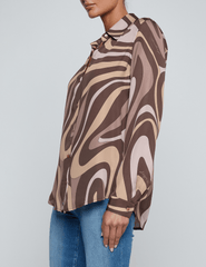 L'AGENCE Nina Long Sleeve Blouse in Sepia Brown Multi Abstract Swirl