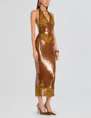 PRE-ORDER Retrofête Vicky Sequin Lace Halter Dress in Ochre