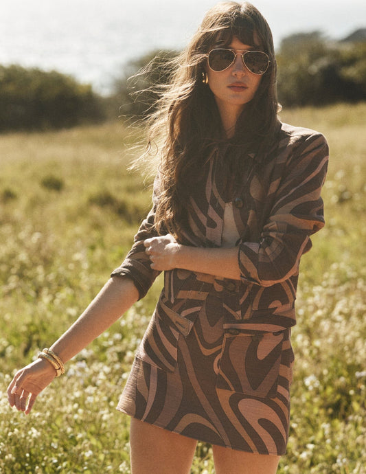 L'AGENCE Cyra Low Rise Mini Skirt in Sepia Brown Multi Abstract Swirl