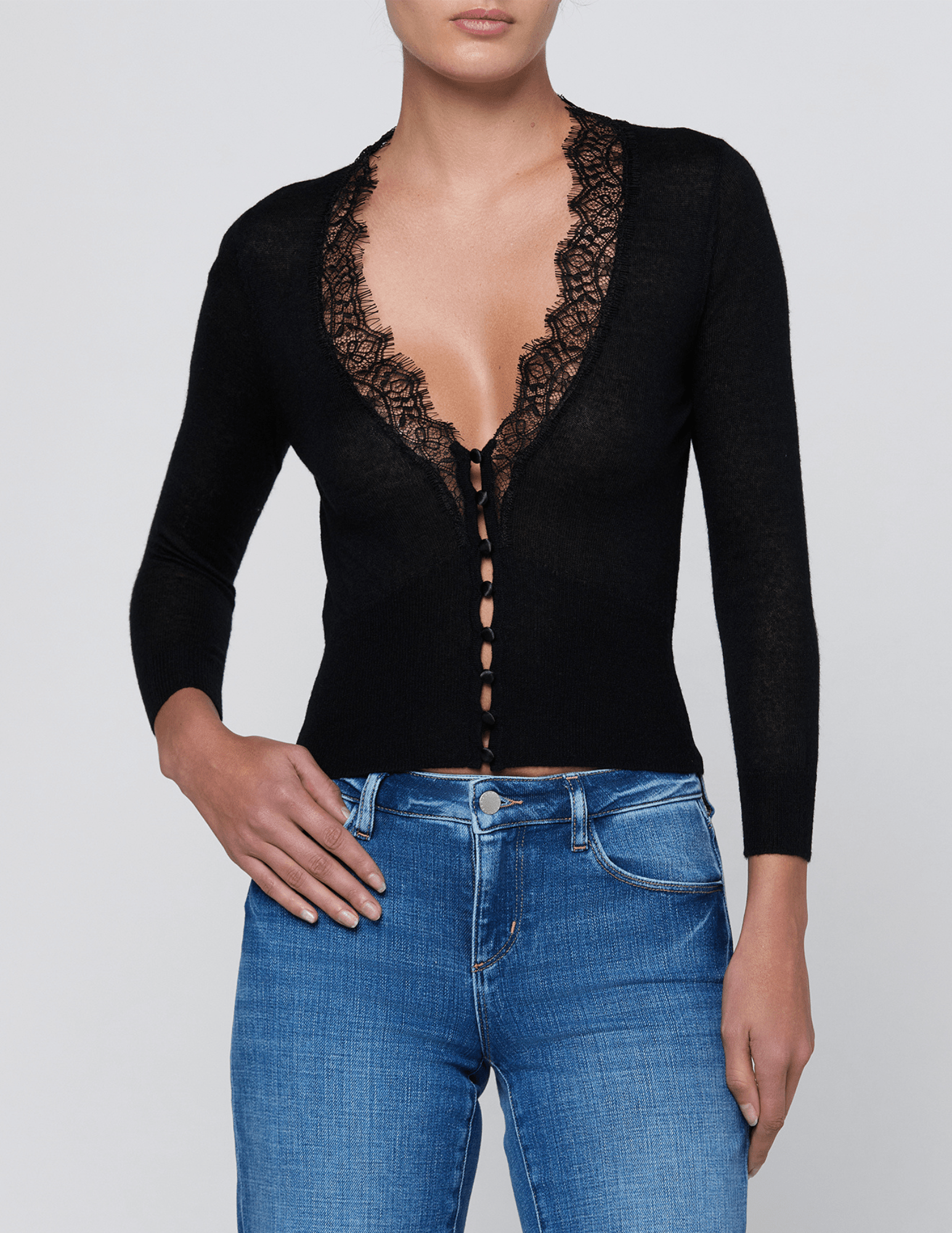 L'AGENCE Eluna Lace Trim Cardigan in Black | Steven Dann L'AGENCE Eluna Lace Trim Cardigan in Black | Steven Dann