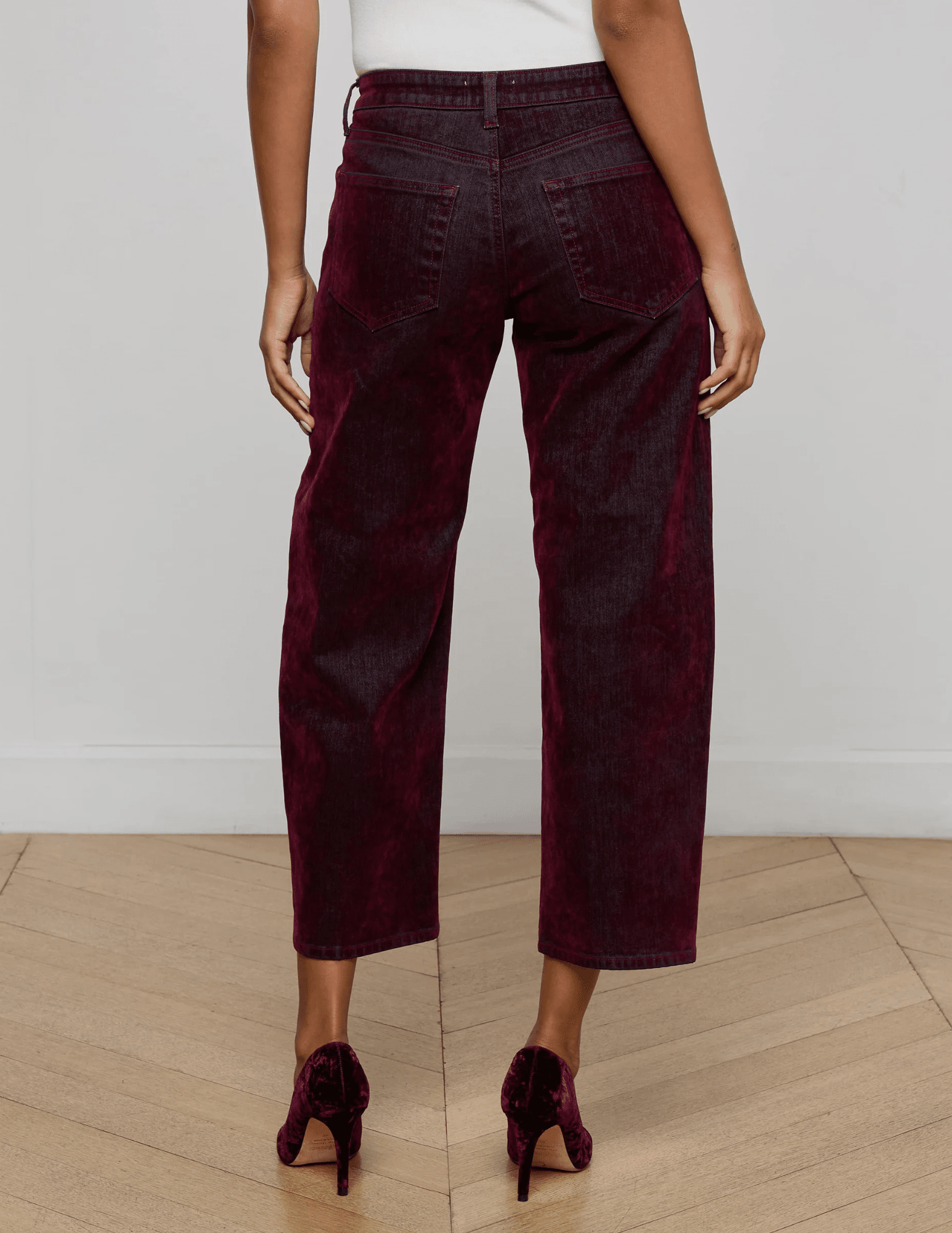 L'Agence - PRE-ORDER-L'AGENCE Dolores Low Rise Bow Leg Burnout Velvet Jeans in Bordeaux - Buy Online