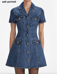 Self-Portrait - PRE-ORDER-Self-Portrait Denim Flared Mini Dress - Buy Online