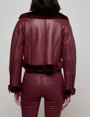 L'AGENCE Pike Cropped Moto Shearling Jacket in Wine