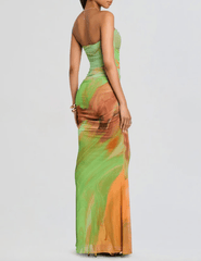 PRE-ORDER-Retrofête Isadore Mesh Strapless Maxi Dress in Pera Brushstroke