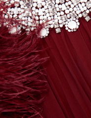 Self-Portrait Chiffon Feather Midi Dress in Burgundy