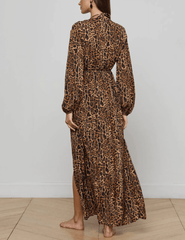 PRE-ORDER-L'AGENCE Sara Maxi Cover-Up Dress in Brown Multi Patch Leopard
