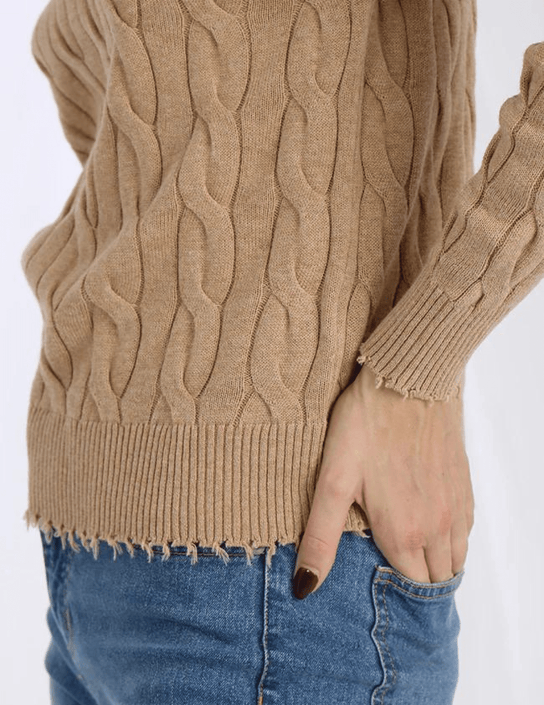 Minnie Rose Cotton Cable Long Sleeve Frayed Edge Crew