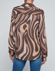 L'AGENCE Nina Long Sleeve Blouse in Sepia Brown Multi Abstract Swirl
