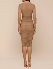 PRE-ORDER-L'AGENCE Adriana Ruched Midi Dress in Hazelnut