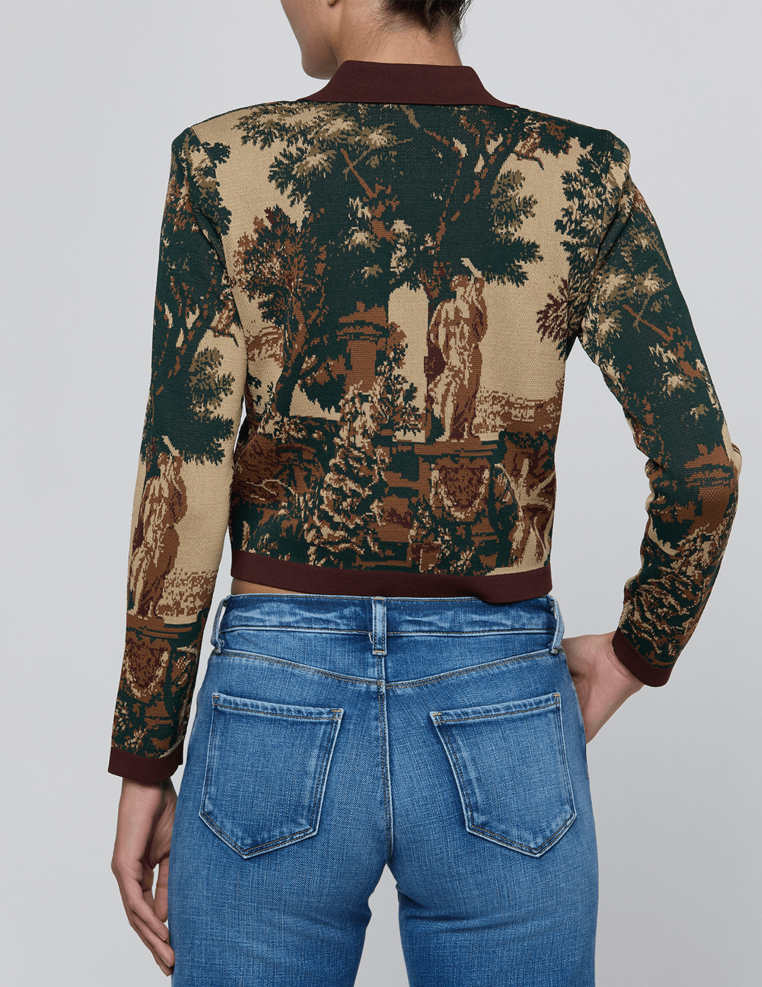 Back view of L'AGENCE Osiris Jacquard Cardigan in Multi Scenic Tapestry,