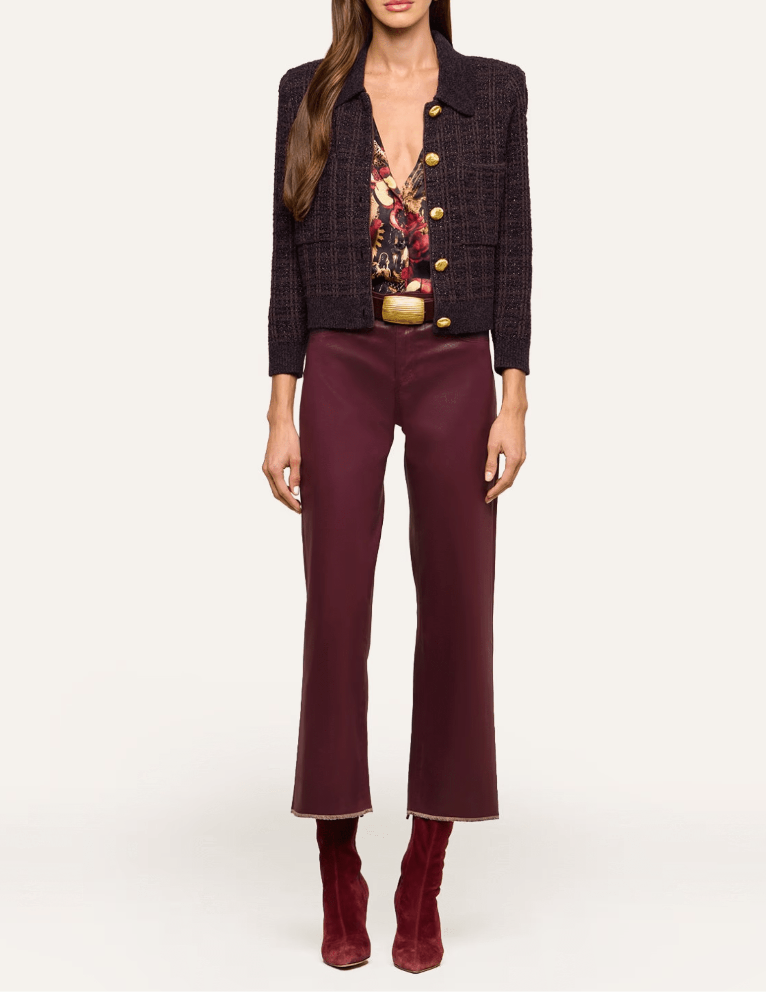 L'Agence - L'AGENCE Morrigan Tweed Cardigan in Dark Java Black Burgundy - Buy Online