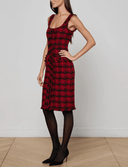 PRE-ORDER-L’AGENCE Aya Tweed Midi Dress in Red and Black Houndstooth