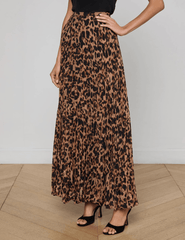 PRE-ORDER-L'AGENCE Torin Pleated Maxi Skirt in Brown Multi Amur Leopard